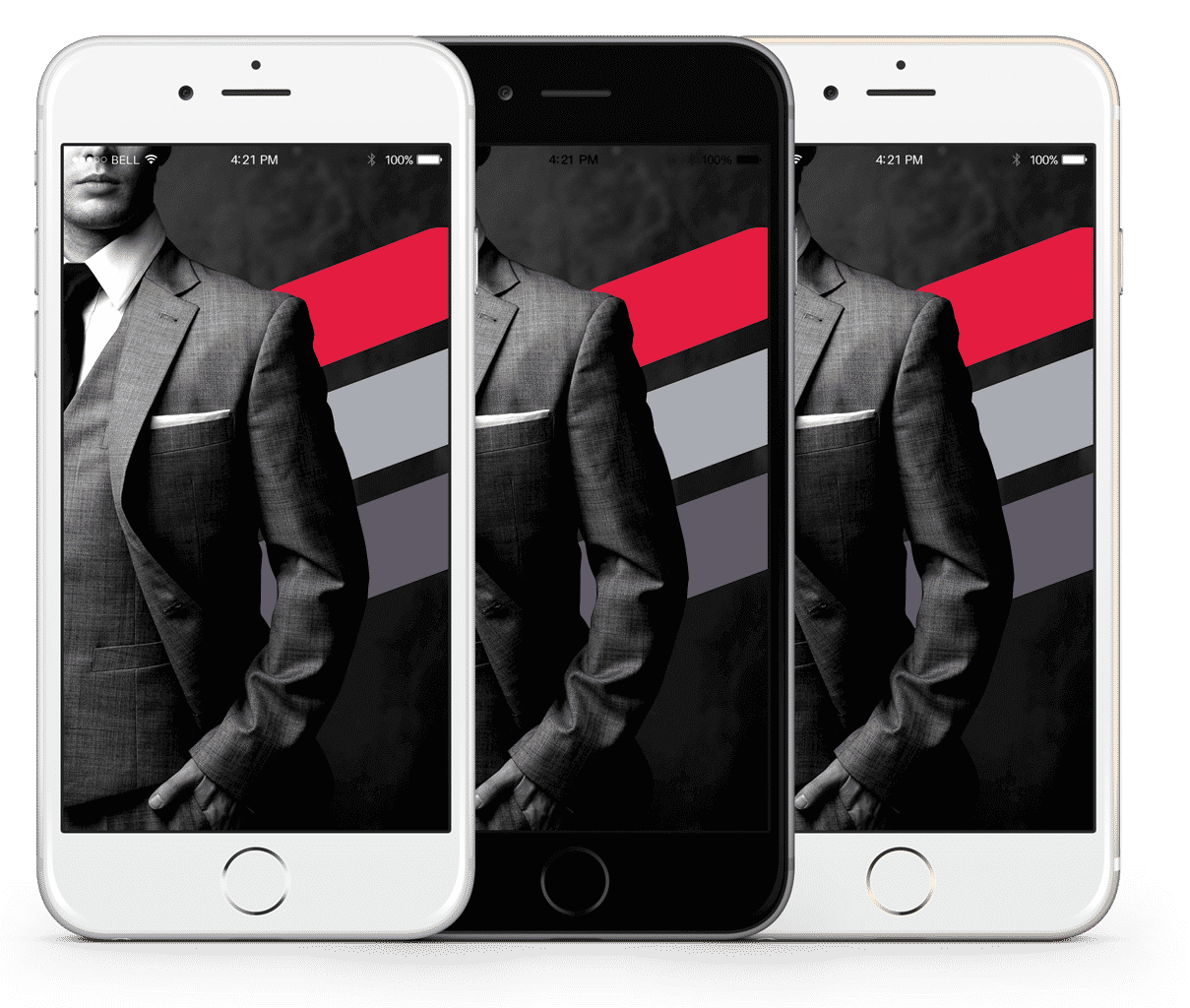 3 martphones affichat une photo d'un homme en costume